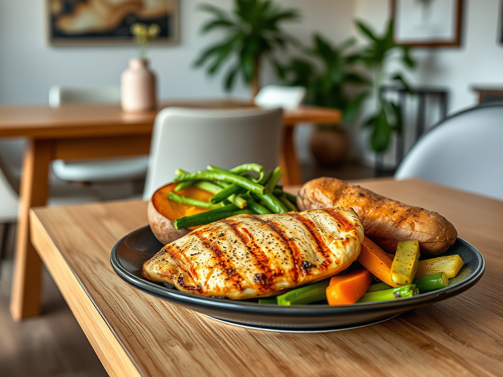 На тарелке grilled курица с овощами и сладким картофелем на фоне уютного интерьера.